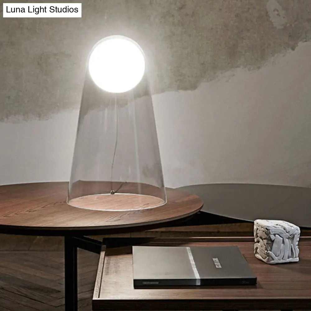 Sleek Clear Glass Led Bedside Night Lamp With Modo Shade Inside - Minimalist Conical Table Light