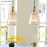 Clear Ribbed Glass Hanging Pendant Light For Restaurants - Tapered Simplicity Design With 1 Bulb