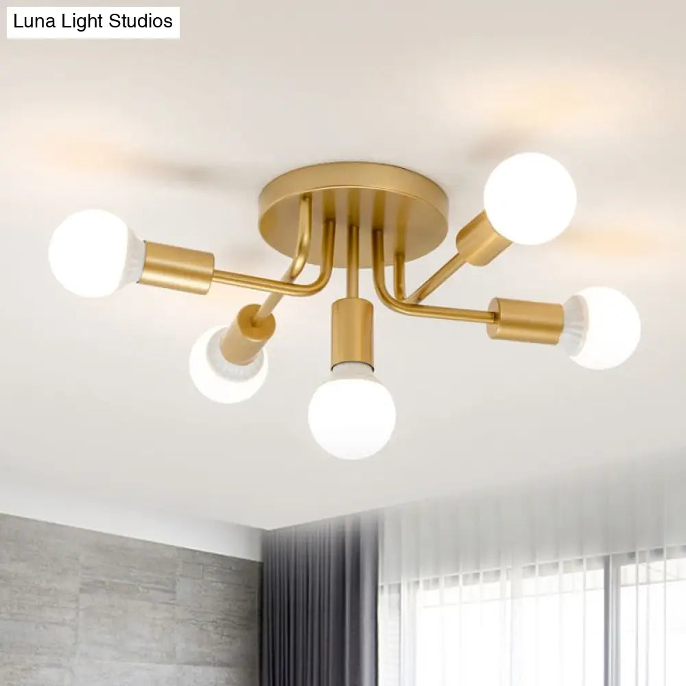 Sleek Curved Arm Semi Flush Mount Ceiling Light With 5 Metal Lights In Black/Gold