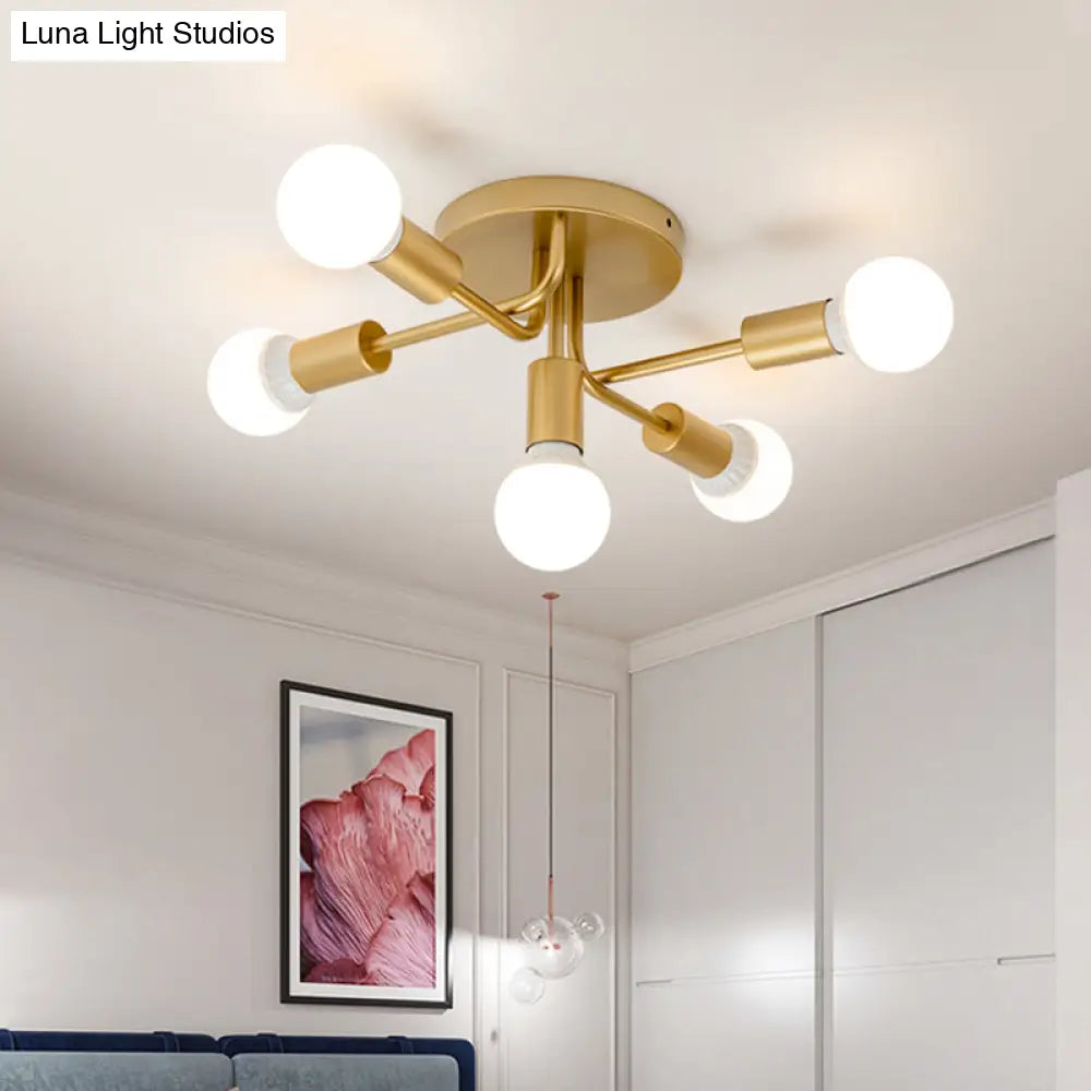 Sleek Curved Arm Semi Flush Mount Ceiling Light With 5 Metal Lights In Black/Gold