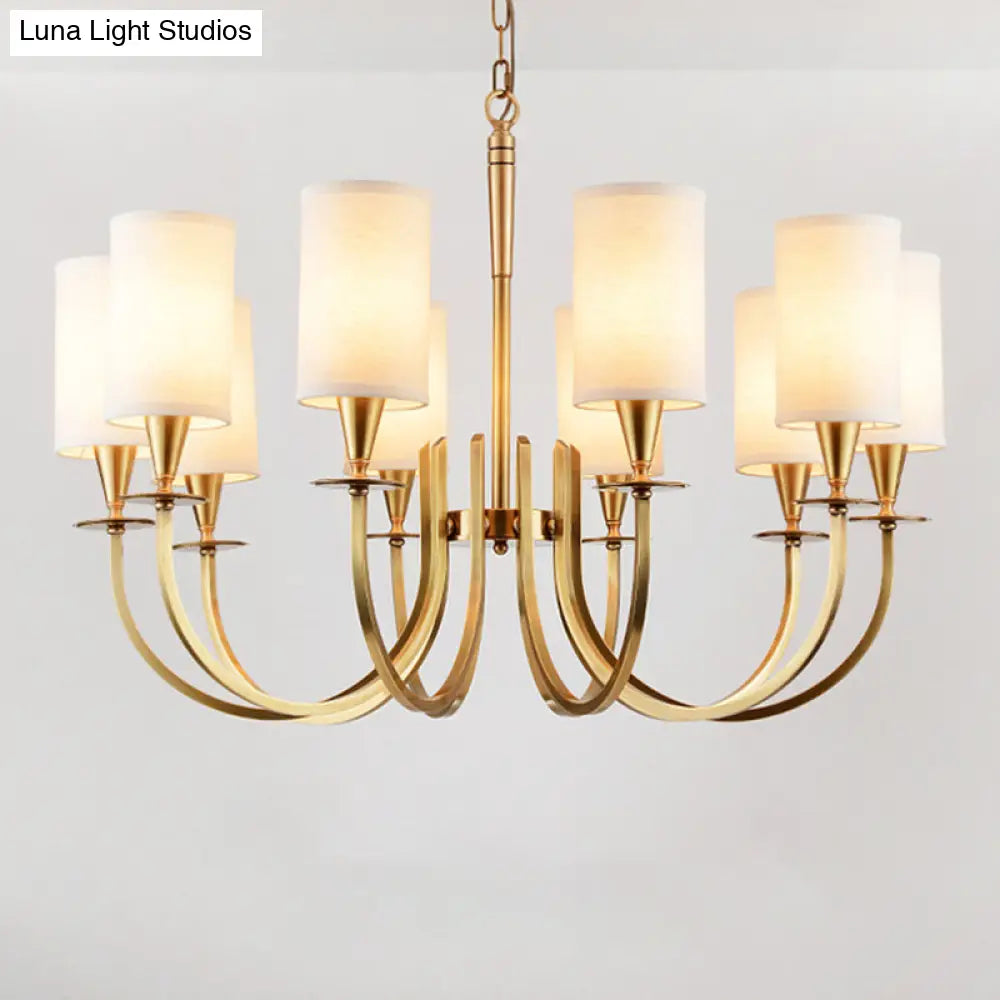 Sleek Cylinder Fabric Chandelier In Brass - Minimalist Living Room Pendant Fixture