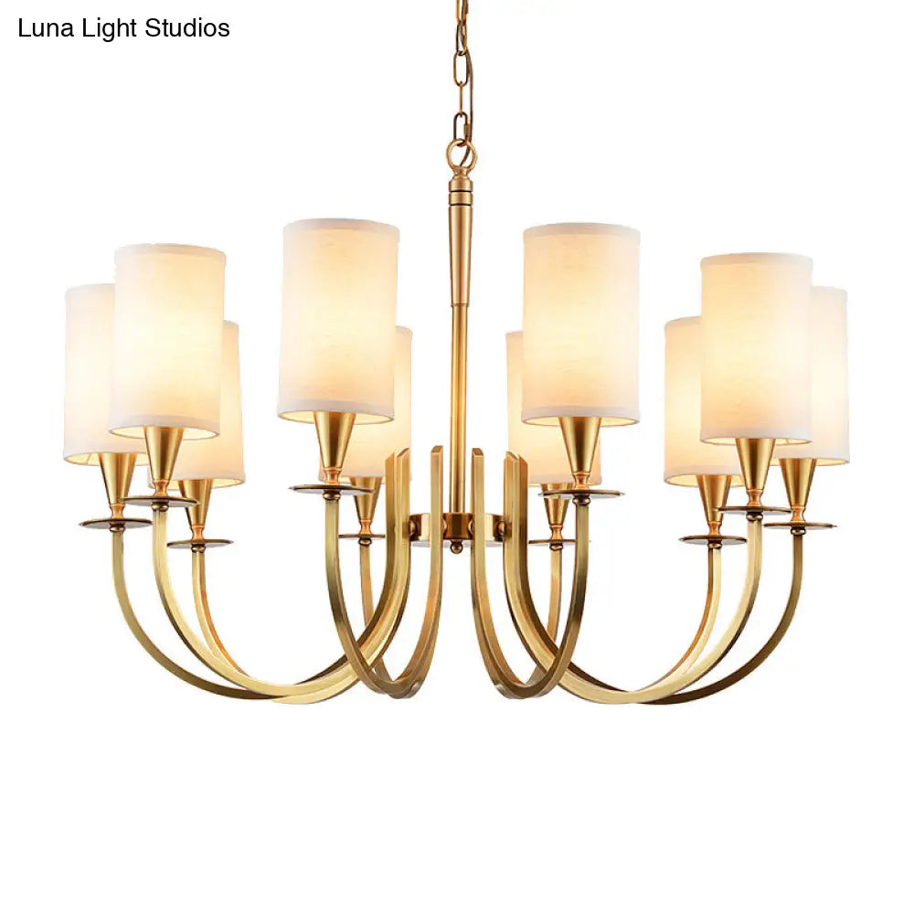 Sleek Cylinder Fabric Chandelier In Brass - Minimalist Living Room Pendant Fixture