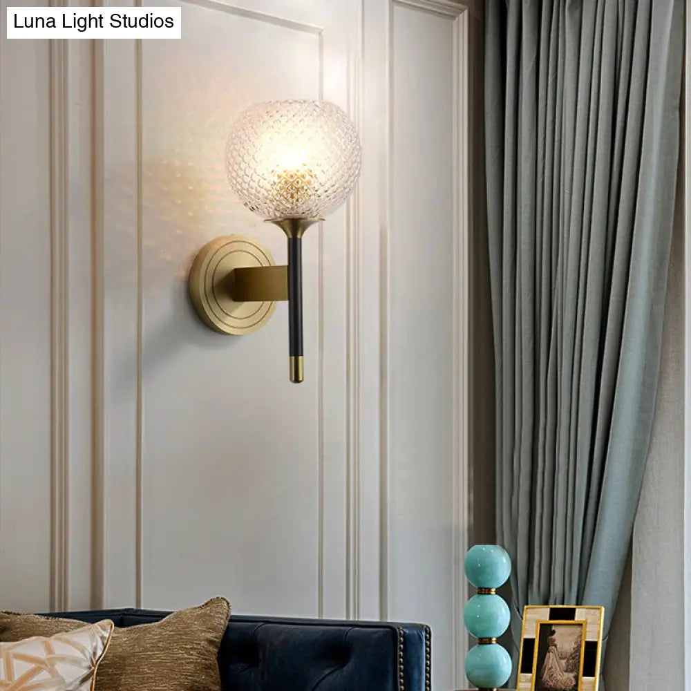 Sleek Glass Globe Wall Sconce: Ribbed Simplicity Brass Finish Mounted Light Fixture