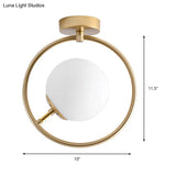 Sleek Gold Ball Semi Flush Light In Modern White/Yellow Glass – 1-Light Fixture With Iron Ring