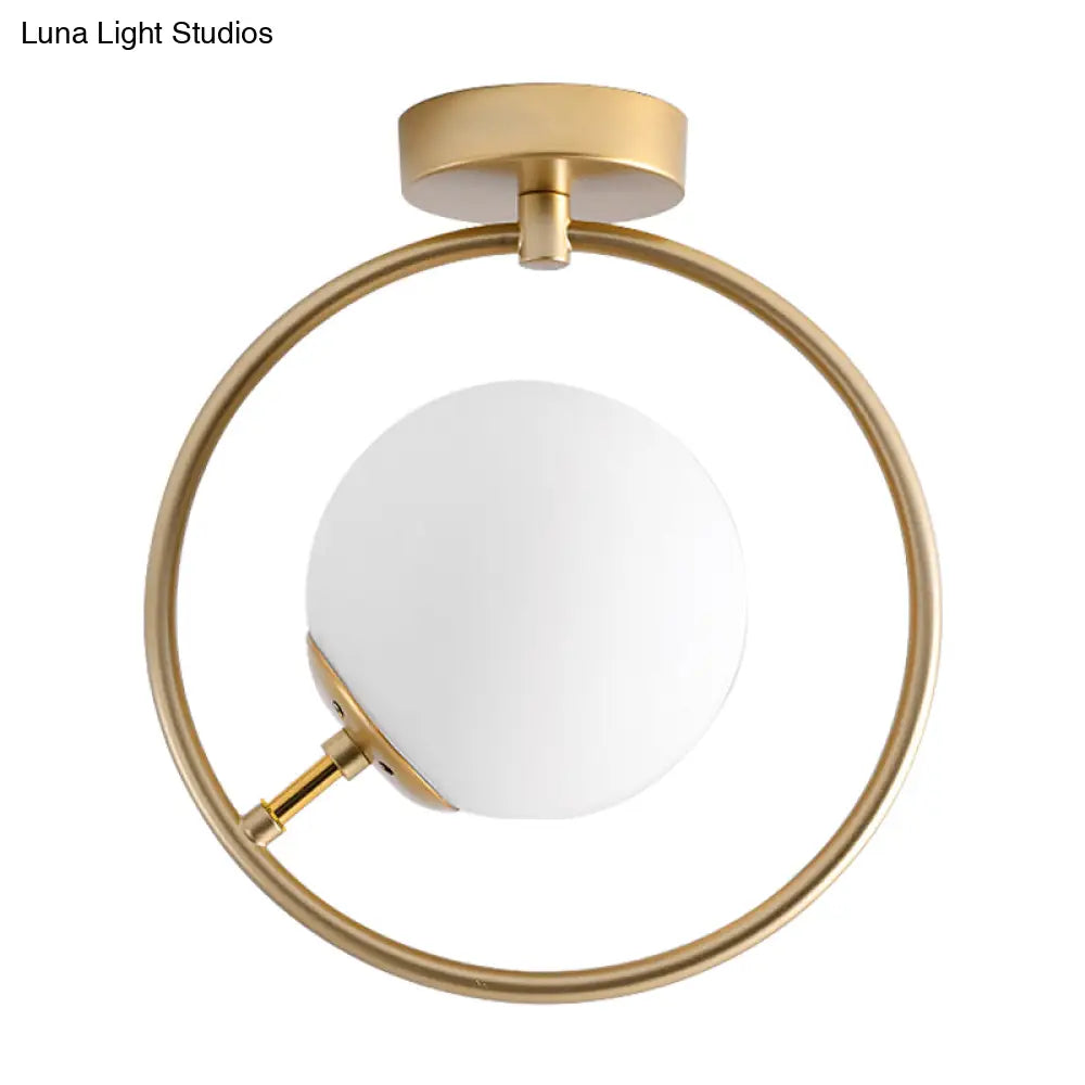 Sleek Gold Ball Semi Flush Light In Modern White/Yellow Glass – 1-Light Fixture With Iron Ring
