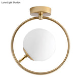 Sleek Gold Ball Semi Flush Light In Modern White/Yellow Glass – 1-Light Fixture With Iron Ring