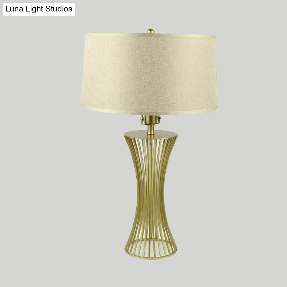 Sleek Green Metal Drum Table Lamp For Bedroom Nightstand - Simple Fabric Shade 1-Bulb Night Lighting