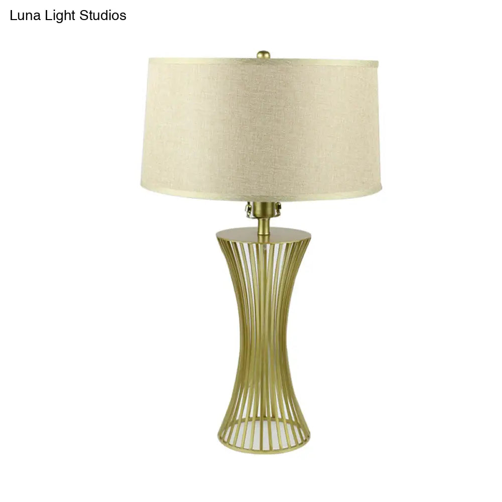 Sleek Green Metal Drum Table Lamp For Bedroom Nightstand - Simple Fabric Shade 1-Bulb Night Lighting