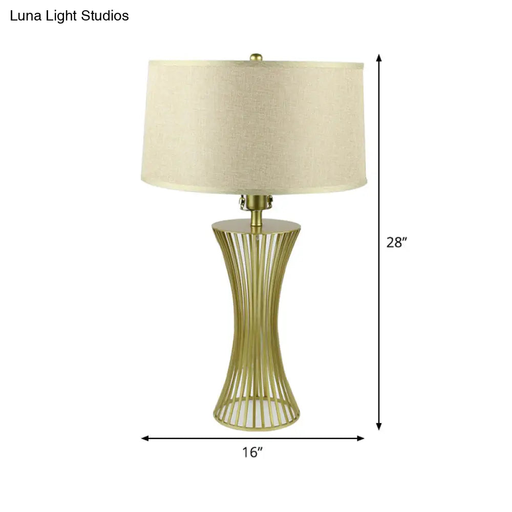 Sleek Green Metal Drum Table Lamp For Bedroom Nightstand - Simple Fabric Shade 1-Bulb Night Lighting