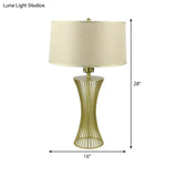 Sleek Green Metal Drum Table Lamp For Bedroom Nightstand - Simple Fabric Shade 1-Bulb Night Lighting