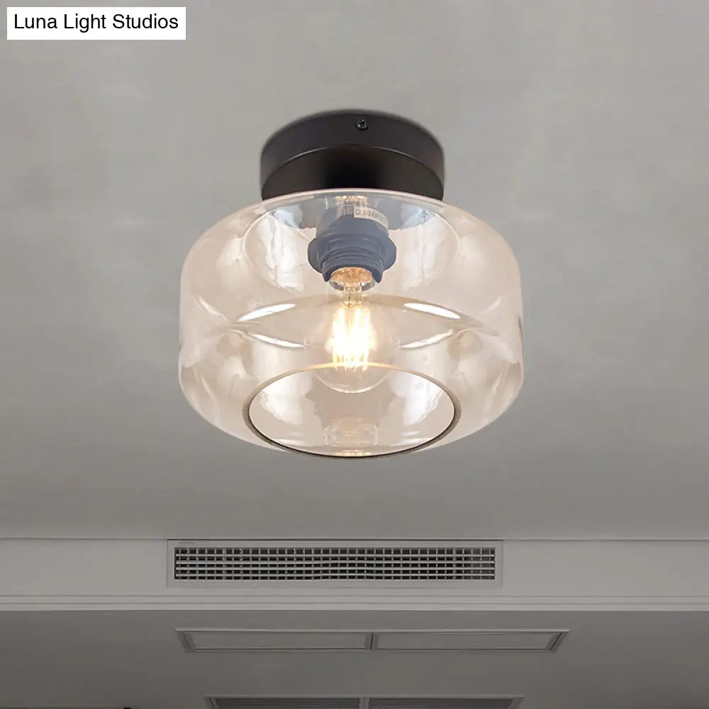 Sleek Industrial Drum Shade Semi Flush Light In Black With Clear/Amber Glass – Perfect For Foyer