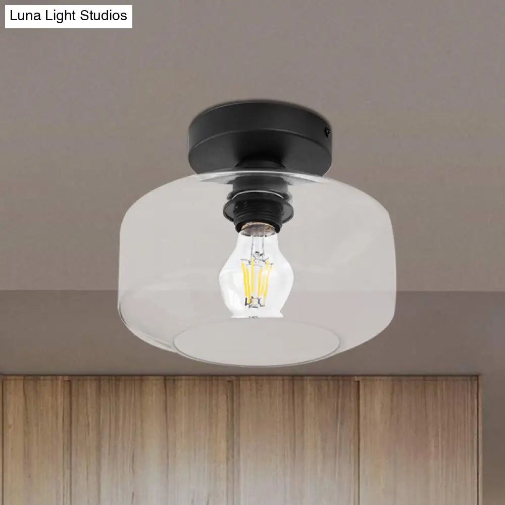 Sleek Industrial Drum Shade Semi Flush Light In Black With Clear/Amber Glass – Perfect For Foyer