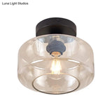 Sleek Industrial Drum Shade Semi Flush Light In Black With Clear/Amber Glass – Perfect For Foyer