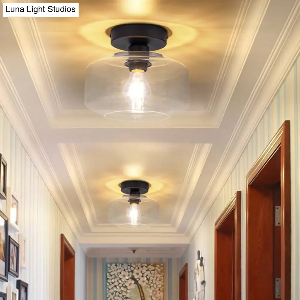 Sleek Industrial Drum Shade Semi Flush Light In Black With Clear/Amber Glass – Perfect For Foyer