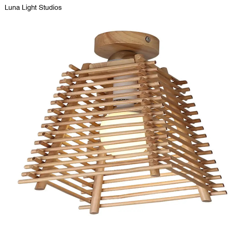 Sleek Japanese Bamboo Ceiling Lamp With Trapezoid Semi Mount And 1 - Bulb Flush Design For Hallway