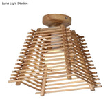 Sleek Japanese Bamboo Ceiling Lamp With Trapezoid Semi Mount And 1 - Bulb Flush Design For Hallway