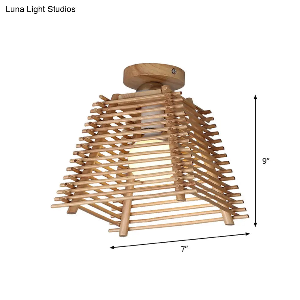 Sleek Japanese Bamboo Ceiling Lamp With Trapezoid Semi Mount And 1 - Bulb Flush Design For Hallway