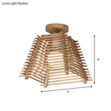 Sleek Japanese Bamboo Ceiling Lamp With Trapezoid Semi Mount And 1 - Bulb Flush Design For Hallway