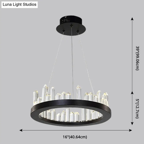 Sleek Led Ring Chandelier Crystal Pendant Light For Modern Living Rooms - Black
