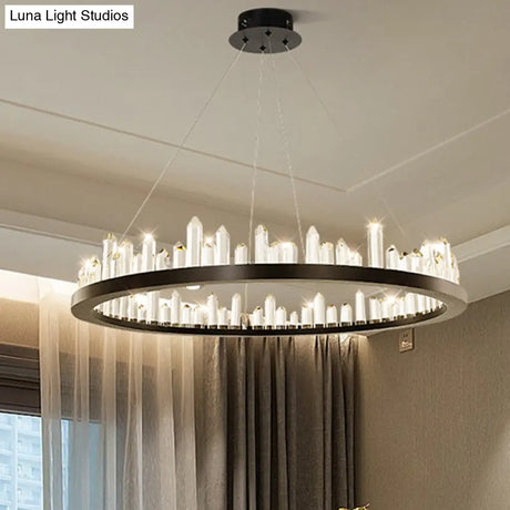 Sleek Led Ring Chandelier Crystal Pendant Light For Modern Living Rooms - Black