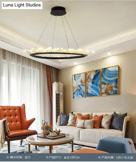 Sleek Led Ring Chandelier Crystal Pendant Light For Modern Living Rooms - Black