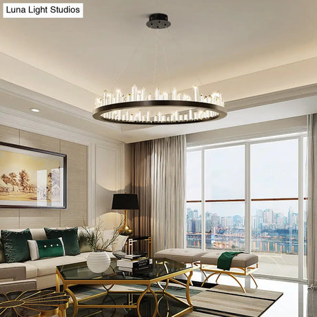 Sleek Led Ring Chandelier Crystal Pendant Light For Modern Living Rooms - Black