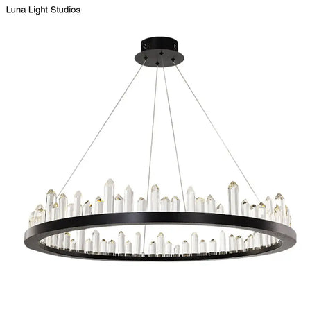 Sleek Led Ring Chandelier Crystal Pendant Light For Modern Living Rooms - Black