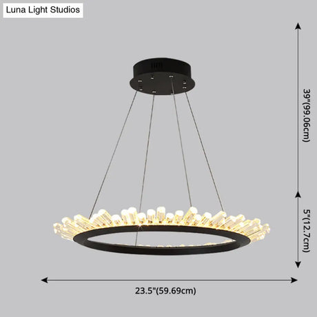 Sleek Led Ring Chandelier Crystal Pendant Light For Modern Living Rooms - Black