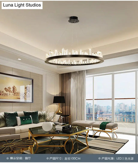 Sleek Led Ring Chandelier Crystal Pendant Light For Modern Living Rooms - Black