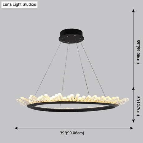 Sleek Led Ring Chandelier Crystal Pendant Light For Modern Living Rooms - Black
