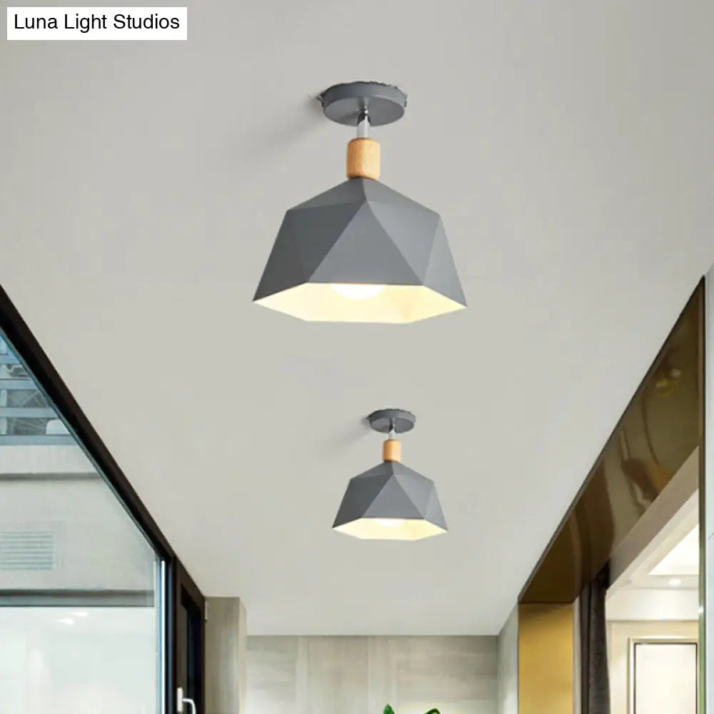 Sleek Macaron Rotating Ceiling Lamp With Wood Accent - Polygon Corridor Semi Flush Light Metallic 1