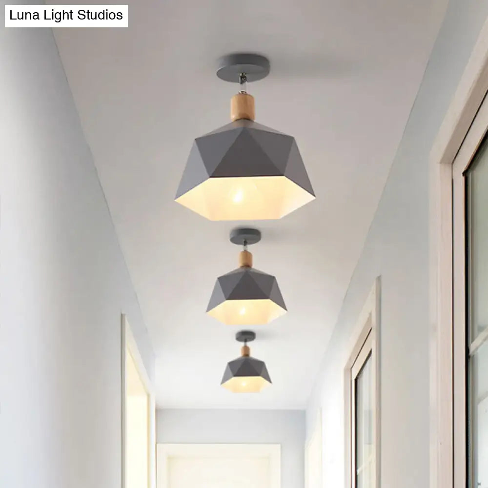 Sleek Macaron Rotating Ceiling Lamp With Wood Accent - Polygon Corridor Semi Flush Light Metallic 1