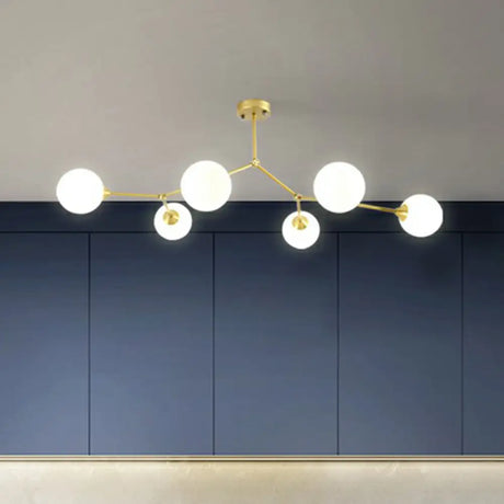 Sleek Metal Branch Chandelier - Simplicity With Semi Flush Mount Ball Milk Glass Shade 5 / Gold