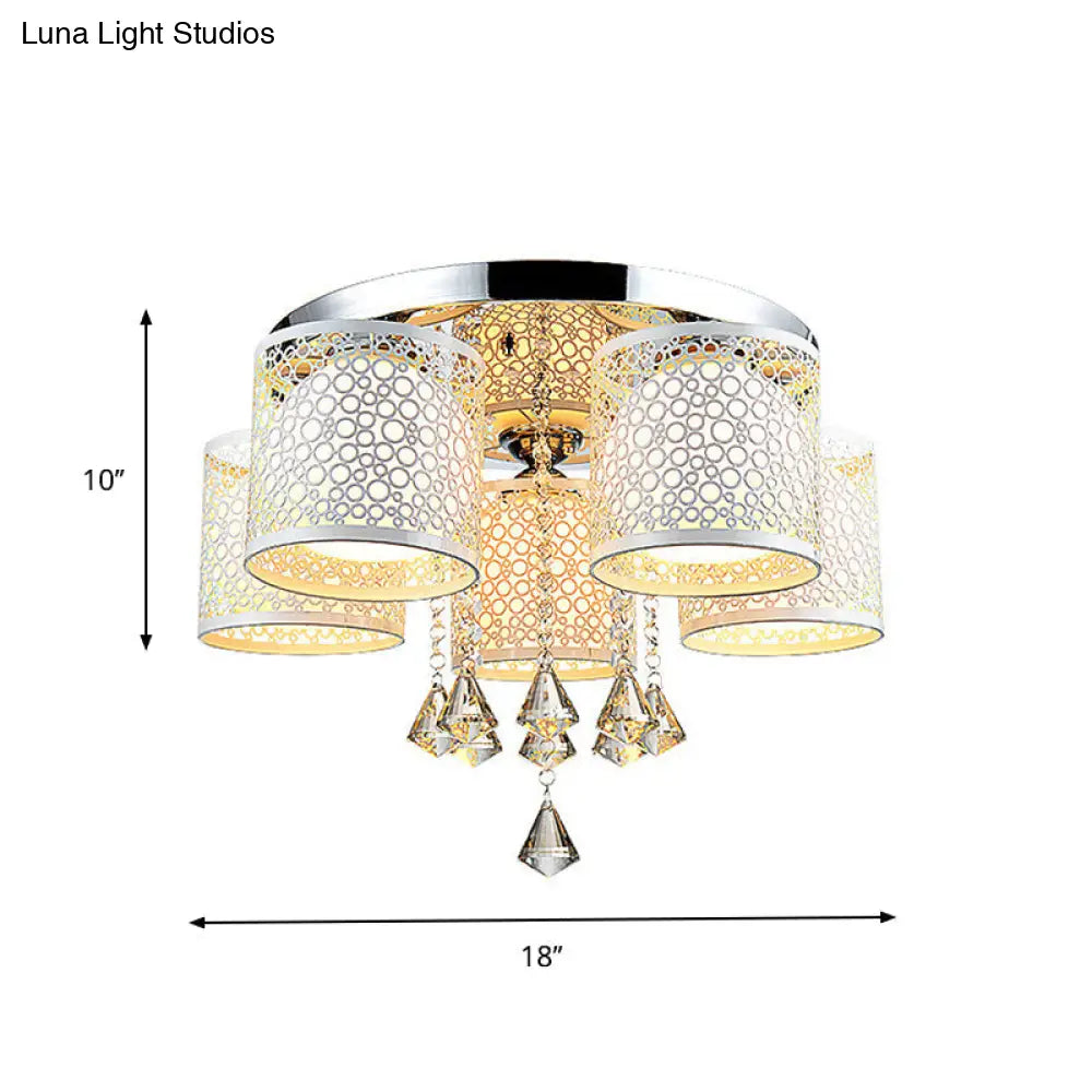 Sleek Metal Chrome Semi Flush Light: Modern Cylinder Design With Frosted Glass Shade & Crystal