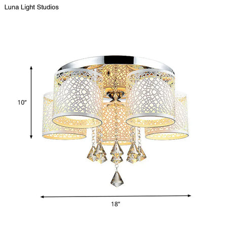 Sleek Metal Chrome Semi Flush Light: Modern Cylinder Design With Frosted Glass Shade & Crystal