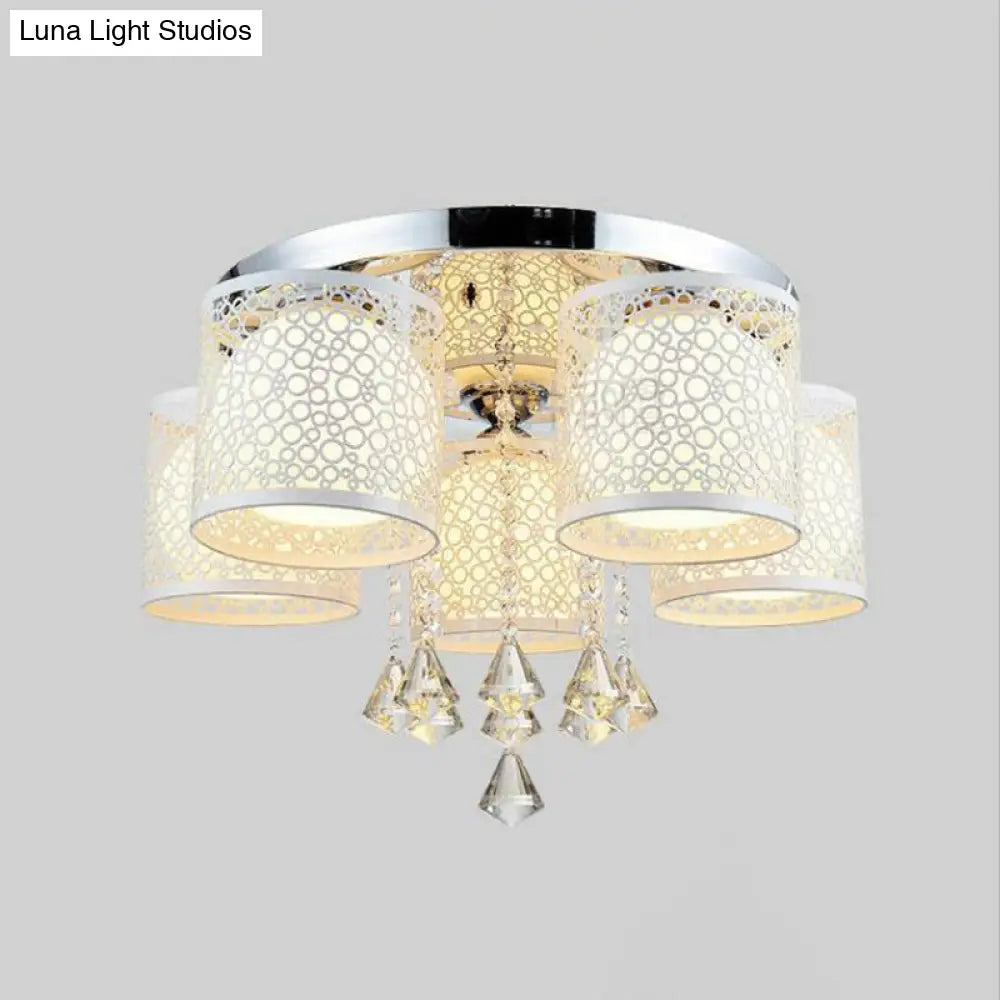 Sleek Metal Chrome Semi Flush Light: Modern Cylinder Design With Frosted Glass Shade & Crystal