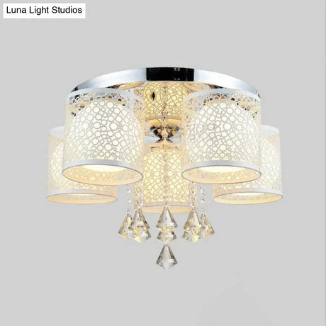 Sleek Metal Chrome Semi Flush Light: Modern Cylinder Design With Frosted Glass Shade & Crystal