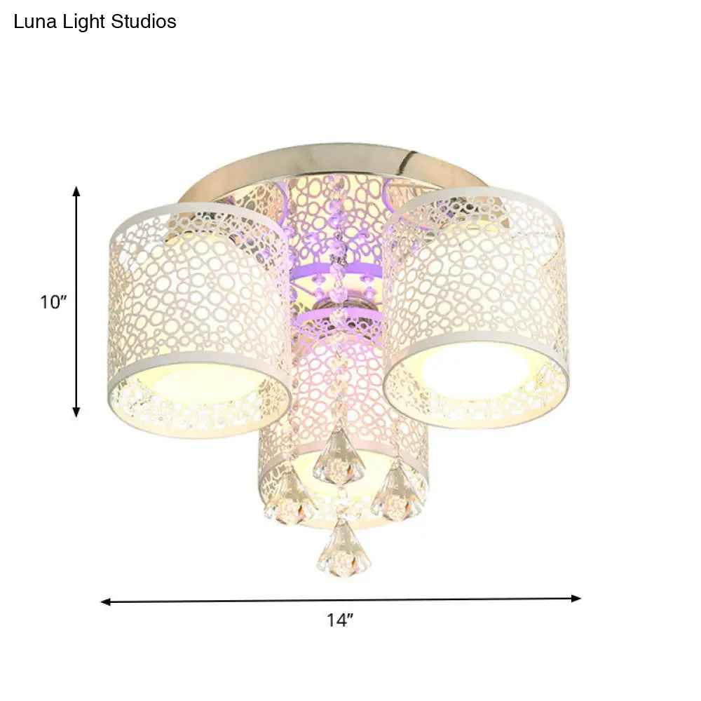 Sleek Metal Chrome Semi Flush Light: Modern Cylinder Design With Frosted Glass Shade & Crystal