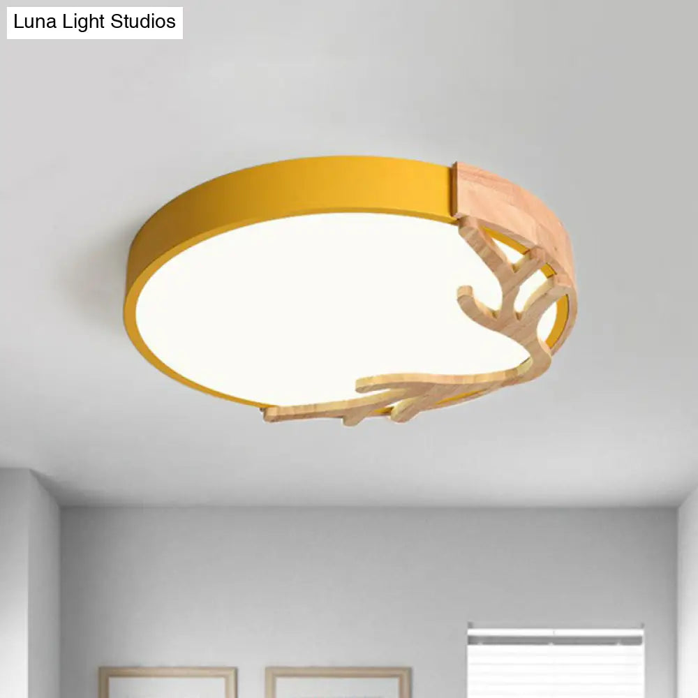 Sleek Metal Circle Led Flush Mount Ceiling Light - Ultra-Thin Design With Wooden Antler Accent