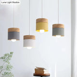 Sleek Metal Cylinder Pendant Lamp With Wood Top - 1-Bulb Down Lighting For Dining Room