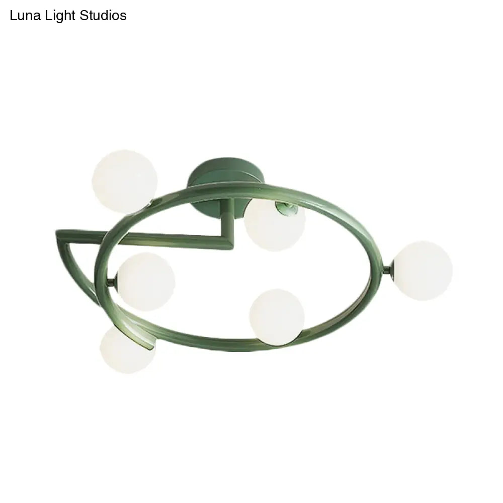 Sleek Metal Halo Ring Semi Flush Lighting - 5 Led Lights In Green For Bedroom