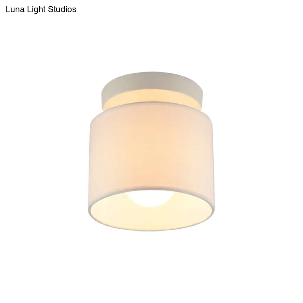 Sleek Mini Barrel Ceiling Flush Light For Foyer - Semi Mount Simplicity Fabric 1 Bulb Flaxen/White
