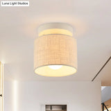 Sleek Mini Barrel Ceiling Flush Light For Foyer - Semi Mount Simplicity Fabric 1 Bulb Flaxen/White