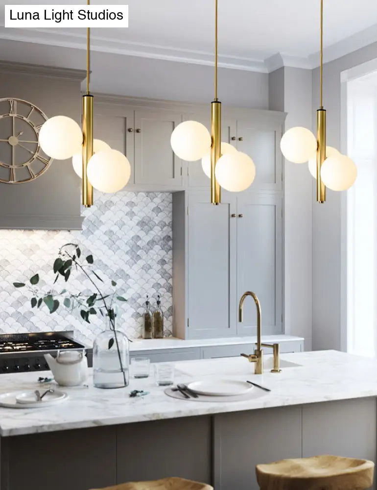 Sleek Minimalist Glass Chandelier - Modern Linear Fixture With 3 Spherical Frosted Lights