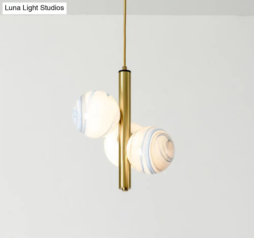 Sleek Minimalist Glass Chandelier - Modern Linear Fixture With 3 Spherical Frosted Lights