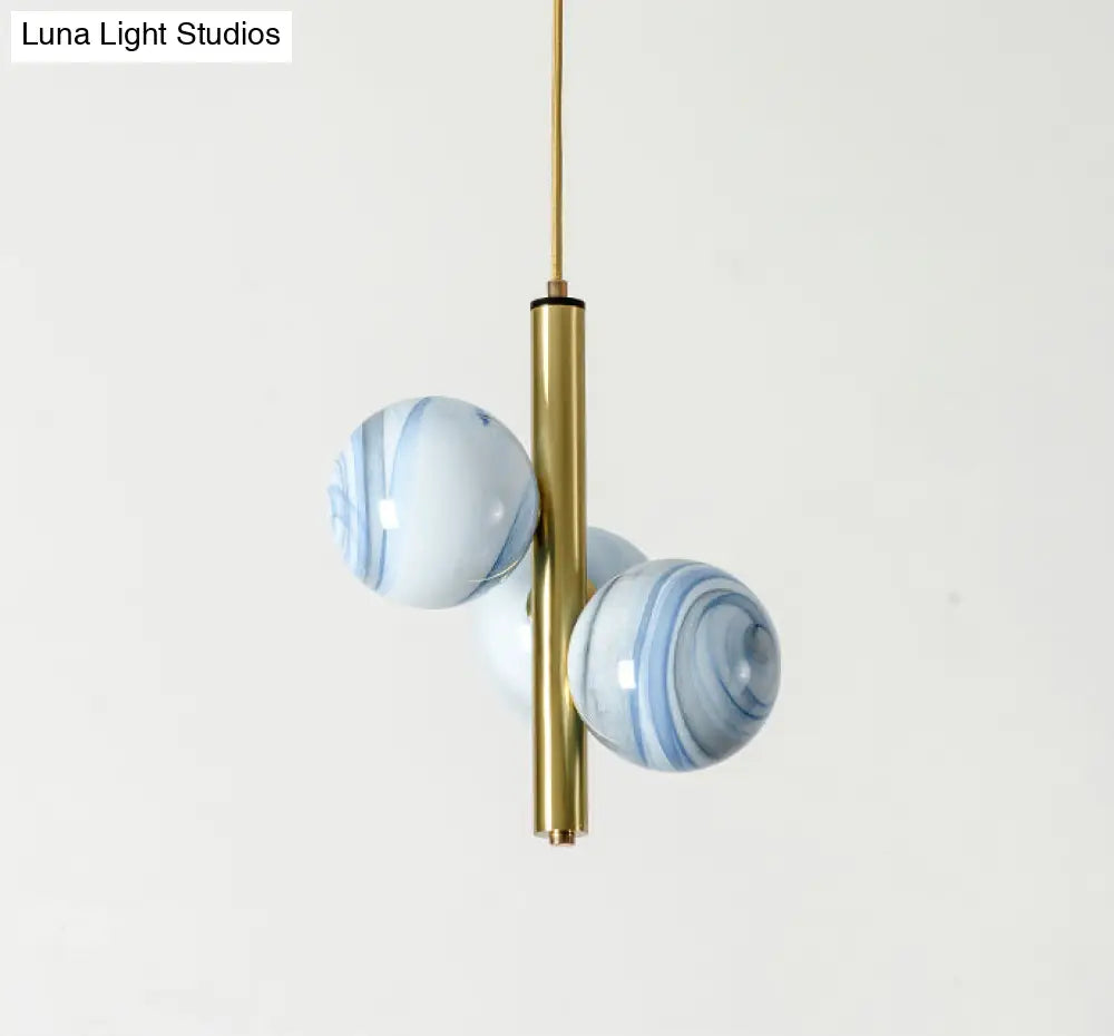 Sleek Minimalist Glass Chandelier - Modern Linear Fixture With 3 Spherical Frosted Lights