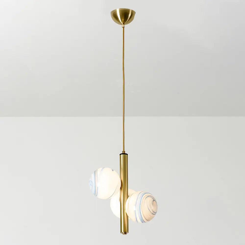 Sleek Minimalist Glass Chandelier - Modern Linear Fixture With 3 Spherical Frosted Lights Gold /