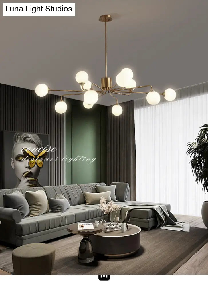 Sleek Modos Chandelier: Simplicity White Glass Ceiling Light With Brass Finish For Living Room