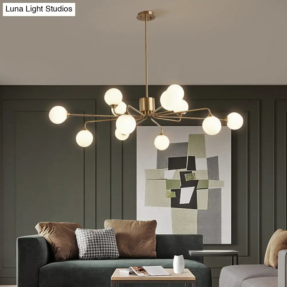Sleek Modos Chandelier: Simplicity White Glass Ceiling Light With Brass Finish For Living Room