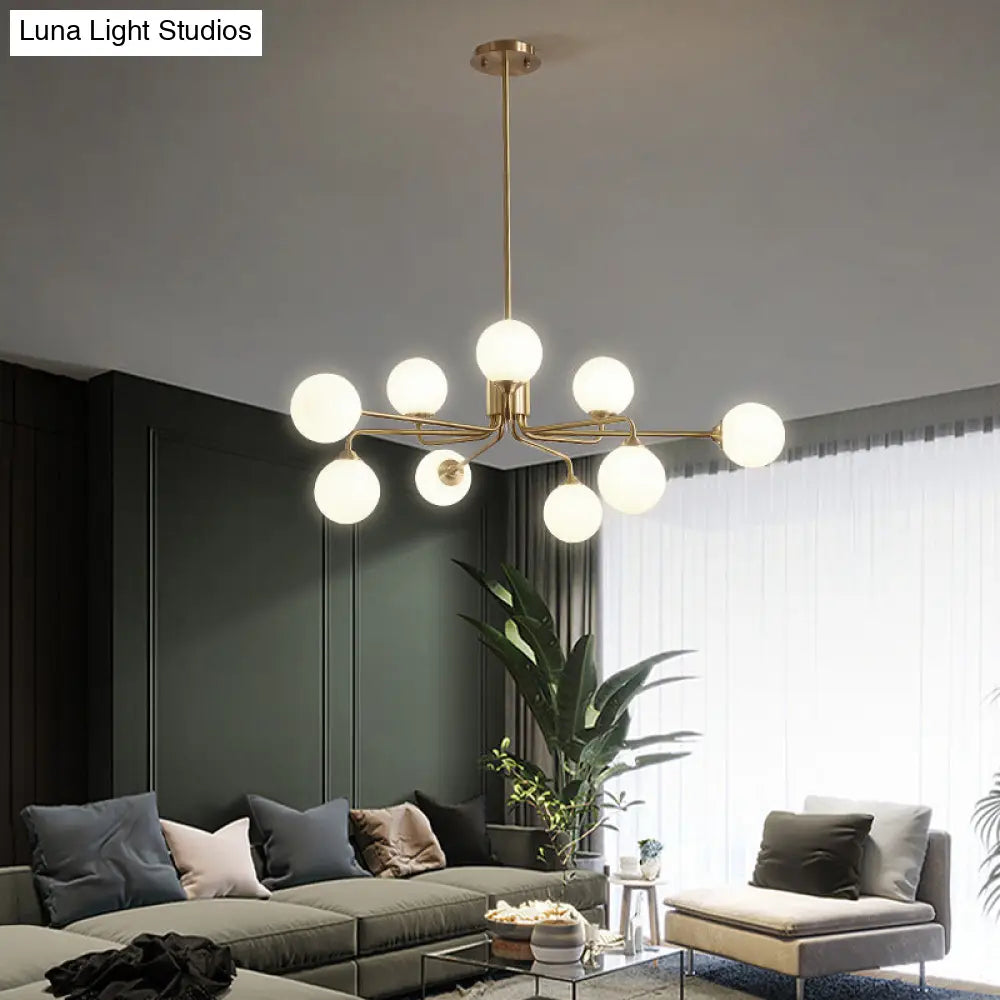 Sleek Modos Chandelier: Simplicity White Glass Ceiling Light With Brass Finish For Living Room